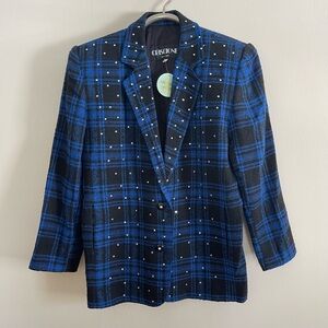 Blue and black plaid oversized vintage blazer with rhinestone